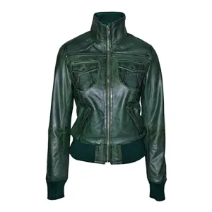 Green Leather Bomber Jacket For Women’s