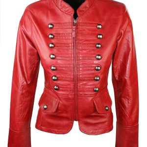 Red Military Style Slim Fit Leather Jacket For Women’s